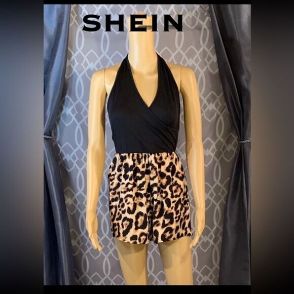 🔴SHEIN Cheetah Print& Black S:M Shorts romper stretch hugs the right curves EUC - Picture 2 of 5